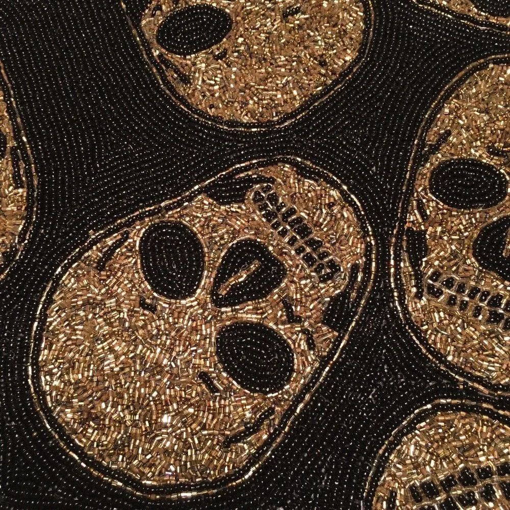 Nicole Miller Halloween Beaded Gold Skull Table Runner Centerpiece Designer